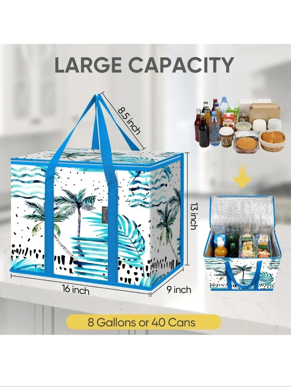 Insulated Beach Tote Cooler Bag Set with Palm Print - Blue
